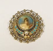 14K gold-coloured metal miniature turquoise and pearl set pendant brooch, having central circular