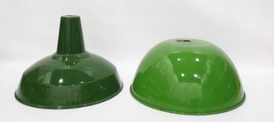 Two green enamel industrial style light shades, one by 'Real' (2)