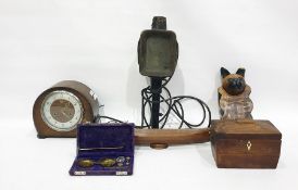 Assorted items to include tea caddy, model of a cat, mantel clock, boxes, etc