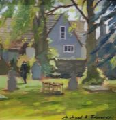 Michael B Edwards (20th century)  Oil on board Garden scene with graveyard, figure walking towards a