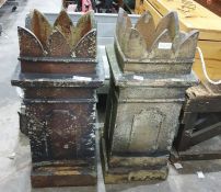 Pair terraccota coloured stone chimney pots with castellated tops