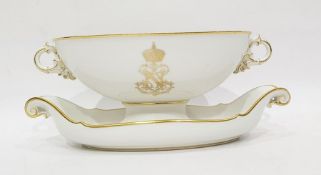 Mid 19th century Sevres porcelain oval twin-handled bowl, gilt decorated, with monogram for Napoleon