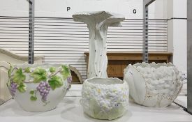 White and gilt decorated jardiniere on stand, the bowl formed as a flower, possibly a hydrangea, and