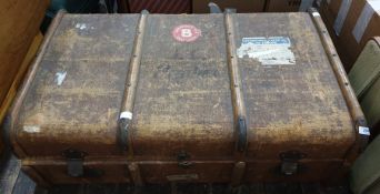 Canvas and wood banded vintage trunk, bearing label ( torn) Cunard White Star to Europe, and