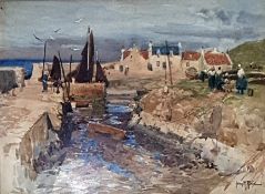 John R Reid Watercolour drawing  Quayside scene, cottages in the background and women on the left,
