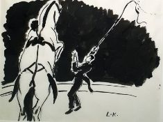 LK (possibly Laura Knight(?)) Ink on paper Circus scene with ringmaster and prancing horse,