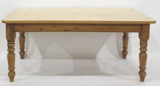 20th century pine rectangular table on four turned supports, the top 181cm x 90cm