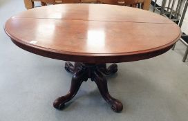 Victorian oval table with moulded edge, turned baluster central column to four cabriole legs,