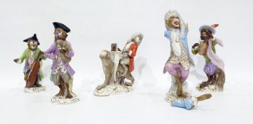 Meissen porcelain five piece monkey band, four animals playing an instrument and one singing, all on