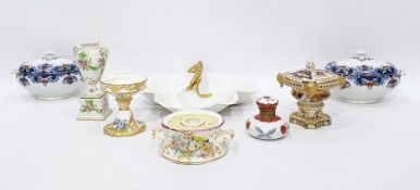 Early Victorian ceramic inkwell, circular and waisted, two handled and applied floral clusters,