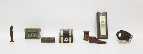 Assorted boxes, an old lock, treen items, etc