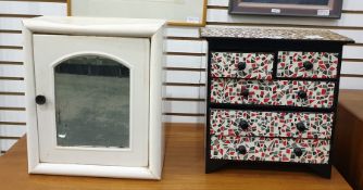 Miniature chest of two short over three long drawers and a white painted single mirror door cupboard