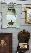 Oval mirror within a grey painted carved frame, 72cm x 54cm approx together with an 18th century