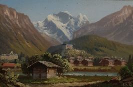 Pair oils under glass  Swiss mountain scenes, indistinctly signed lower right (2)