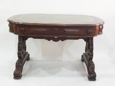 Victorian mahogany desk, lozenge shaped top with green leather writing surface, single compartmented