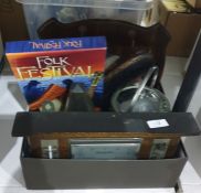 1940's barometer, a wooden and metal biscuit barrel, a clothes brush and other items (1 box)