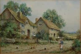 H Lilian Watercolour drawing  Rustic scene with thatched cottages with girl holding a baby,