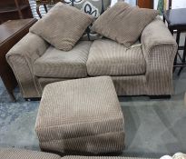 Three seat sofa, a two seat sofa and a pouffe in fawn/brown corduroy upholstery