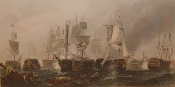 Three prints to include After C Stanfield, coloured engraving, 'The Battle of Trafalgar', and two