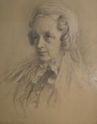 Pastel and pencil Head and shoulders portrait drawing of an elderly lady wearing bonnet, 1879,