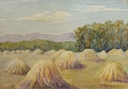 Watercolour drawing  River scene with fishermen and boat E Newsham Watercolour drawing Corn stooks