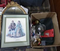 Christmas decorations, framed print, mirror within  gilt frame, quantity of bedlinen