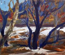 Unattributed Gouache  Winter trees beside river in flood, 35cm x 40cm