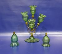 Art Nouveau style green glass and gilt metal flower vase in the form of a spray of four flowerheads,
