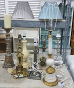 Various table lamps including a stepped, faceted glass table lamp, faux alabaster, painted wood etc.
