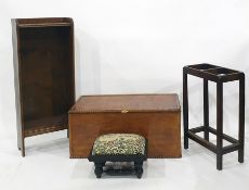 Narrow oak open bookcase, chest, footstool and an umbrella stand (4)