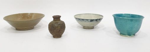Early Chinese small bowl with blue scroll brown bands on a grey ground, 13cm dia., small turquoise