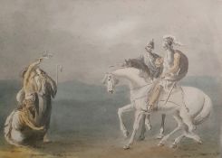 Attributed to Arthur George Walker Watercolour drawing Classical figures in armour on horseback,
