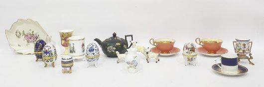 Victorian black basalt bachelor's teapot painted with naturalistic flowers in enamel, Aynsley