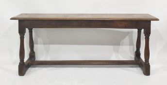 Possibly late 19th century oak bench of rectangular form on turned supports to block feet and