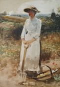 John R Reid (1851-1925) Watercolour drawing Woman working in a field holding a fork, a trug of