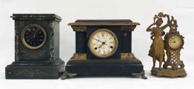 Three assorted mantel clocks to include two black slate examples and a French-style clock with