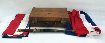 Short sword in brown leather case and Union Jack