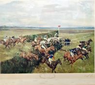 After Michael Lyne Colour print The Grand National, Canal Turn 1965, the horses all named, signed