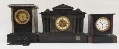 Three black slate assorted mantel clocks, each with Roman numerals, one in the Greco-Roman
