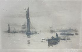 After W L Wyllie,  Etching Shipping on river scene, together with 20th Century, watercolour,