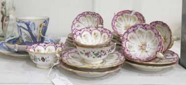 19th century porcelain teaset, handpainted with pink and gilt borders and handpainted floral