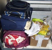 Two suitcases, assorted bed and table linen , knitting needles etc. ( two suitcases and a box)