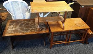 Tile-topped coffee table, a further coffee table and a teak coffee table with two tables under