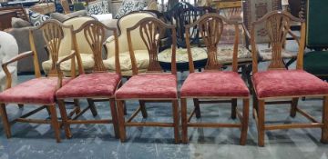 Set of six (4+2) Georgian country chairs with shaped and pierced backsplats and pink upholstered