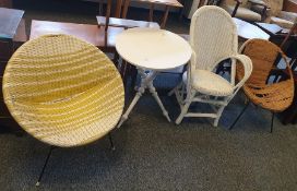 20th century garden chair in yellow and white metal frame, a white painted table on turned and