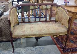 Mahogany and satinwood inlaid two-seater sofa and two single armchairs with yellow ground foliate