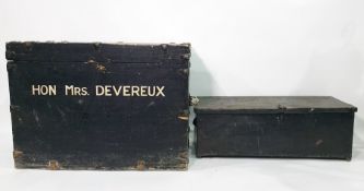 Black painted chest emblazed in 'Hon.Mrs.Devereux' and a tin chest (2)