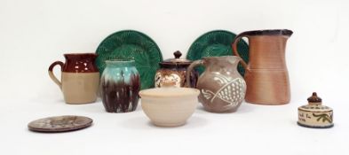 Collection of 20th century studio pottery to include a brown half glazed jug, another jug