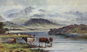 J Morris Oil in canvas  Highland Cattle by a lake scene, a pair (2)