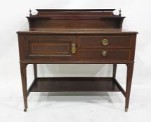 Late 19th century mahogany and satinwood banded wash stand with galleried back, single cupboard door